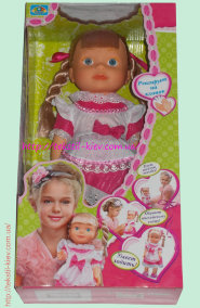 Кукла которая ходит Кукла умеет ходить, реагирует на хлопки, поет песенку, считает на английском. высота куклы 41 см.