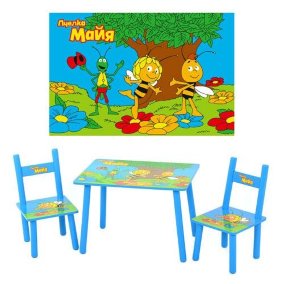 Столик детский Пчелка Майя  В набор входит деревянный столик и два стульчика. Размер стола: 59,5/39,5 см. Стул: 28/28/23 см.