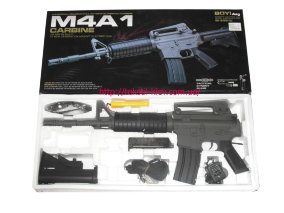 Автомат M4A1 Carbine Детский пневматический автомат M4A1 в маштабе 1/1 работает от аккумуляторной батареи (Ni-Cd 2/3AA300mAh 9,6V).
Для стрельбы использует 6мм пластиковые пульки. Дальность полета пульки 20-30 метров.

Размер автомата: 76 см.